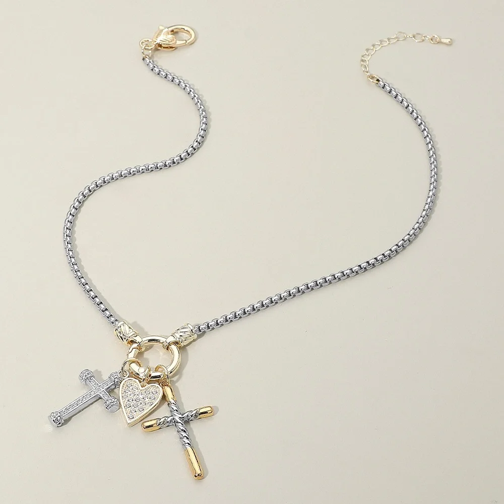 14K Gold Plated Two Tone CZ Stone Paved Heart Double Cross Charm Accent Necklace